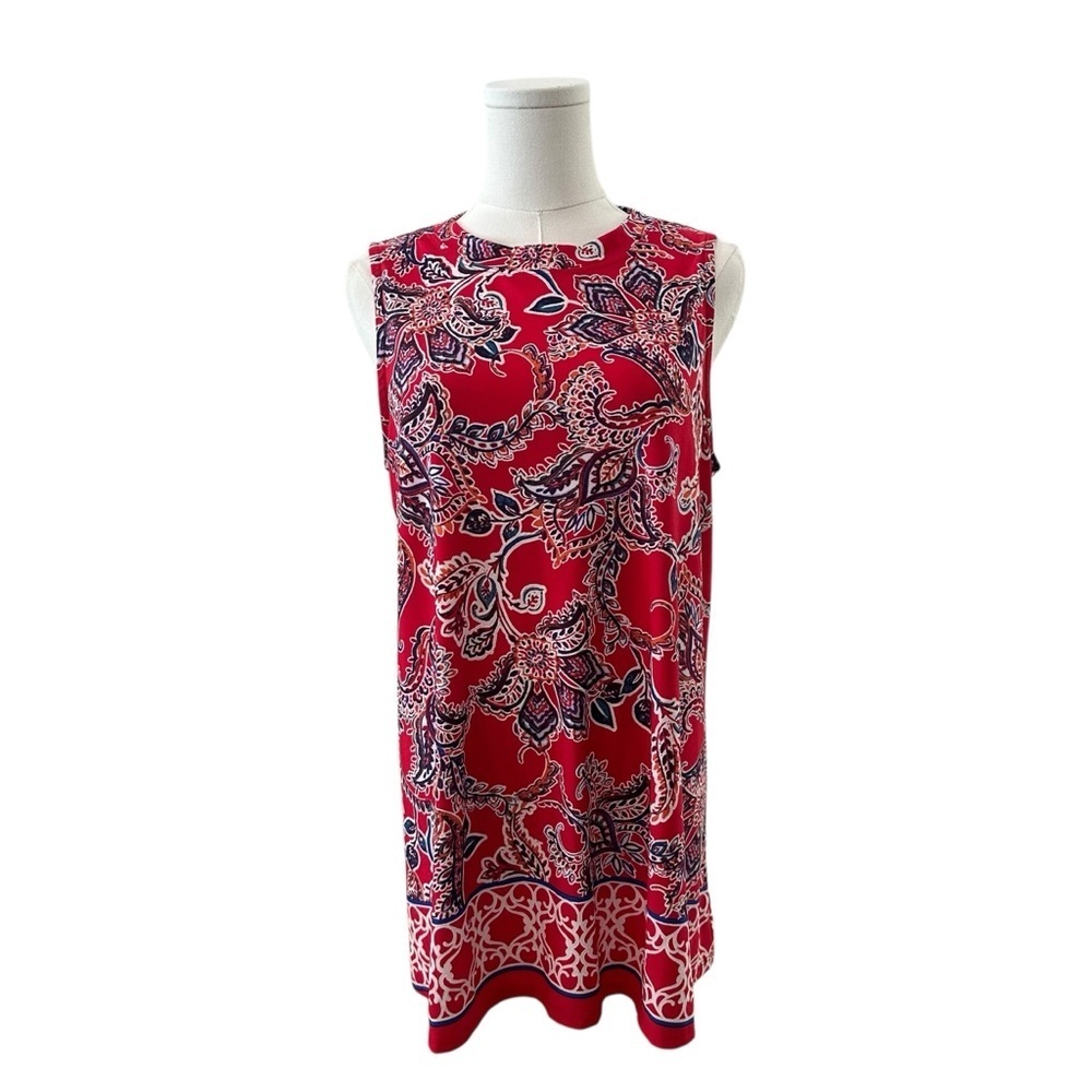 Womens Large Red Blue Colorful Sleeveless Stretchy Work Causal Tunic Blouse Top - Picture 2 of 6